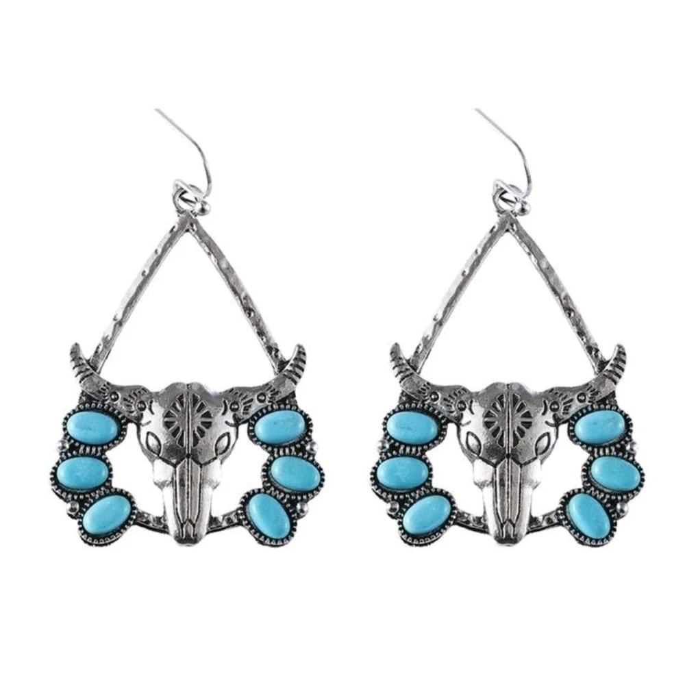 Turquoise and Silver Bull Skull Earrings